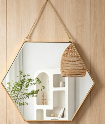 Geometric Hexagonal Gold Mirror — With Hanging Chain