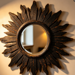 Sunburst Solid Wood Mirror — Rustic Carbonized Black Finish