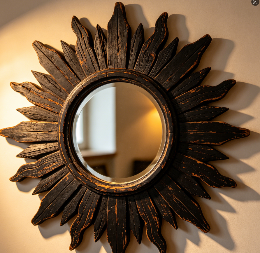 Sunburst Solid Wood Mirror — Rustic Carbonized Black Finish