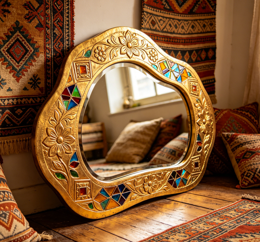 Large Asymmetrical Gold Mirror — Bohemian Style